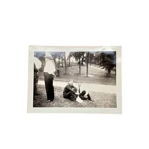 Vtg Men Sitting in Grass At Park Original Monochrome Photography Found Snapshot